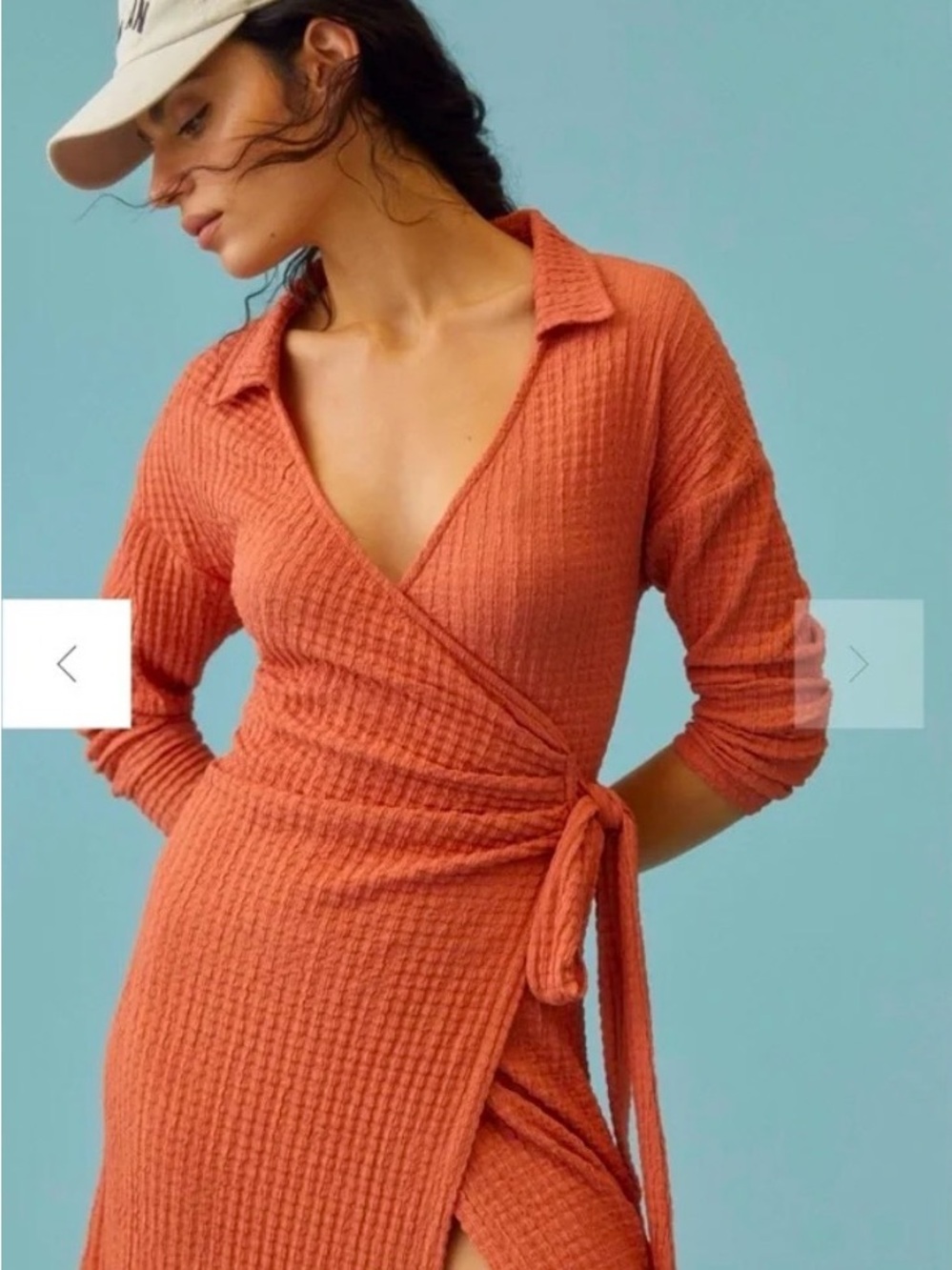 Anthropologie Textured Wrap Midi Dress in Burnt Orange